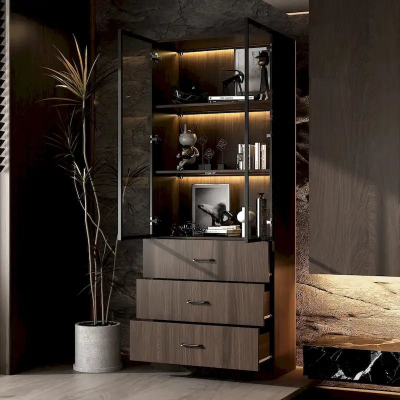 Aluminum and Glass Lighted Cabinet Customizable for Buffet/Bookshelf