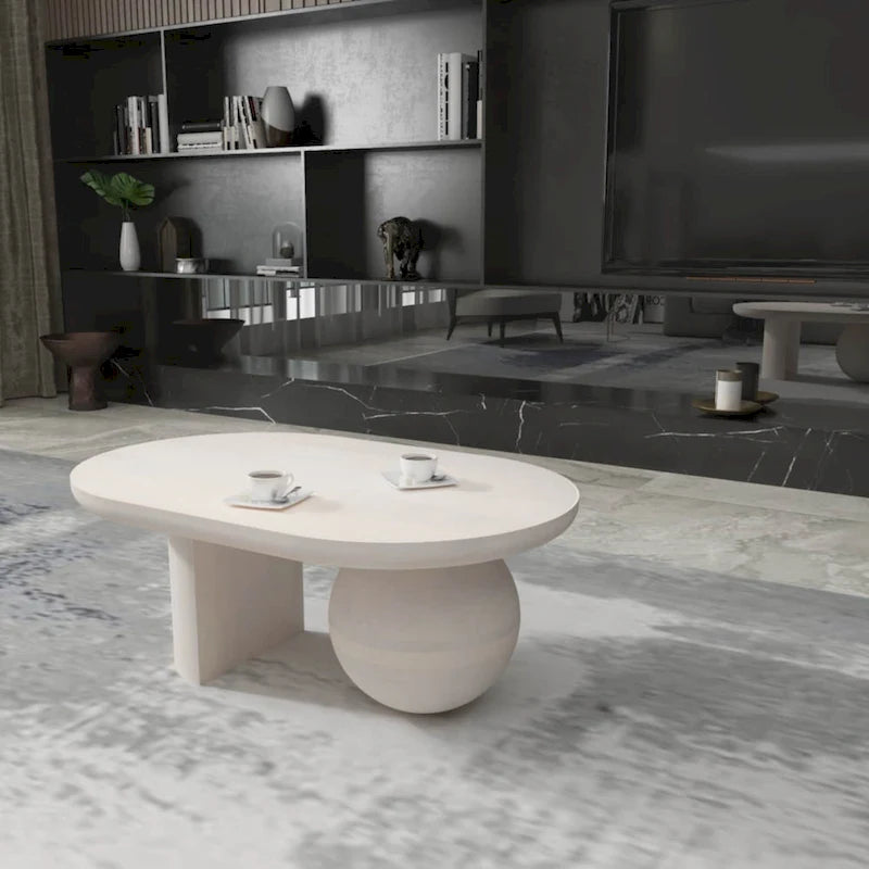 38 Inch Coffee Table, Oblong Mango Wood Top with a Modern Ball Leg