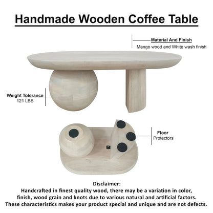 38 Inch Coffee Table, Oblong Mango Wood Top with a Modern Ball Leg