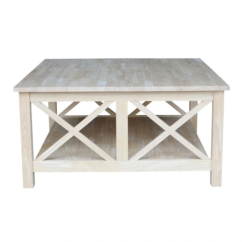 Square Unfinished Solid Wood Coffee Table with Bottom Shelf - 36 in. W x 36 in. D x 18 in. H.