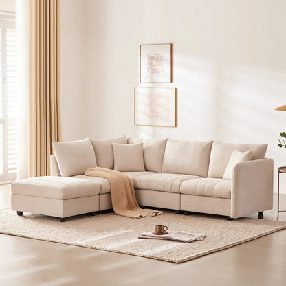 Modern 5-Seat L-Shape Sectional Sofa with Vertical Stripes, 2 Pillows, Convertible Ottoman