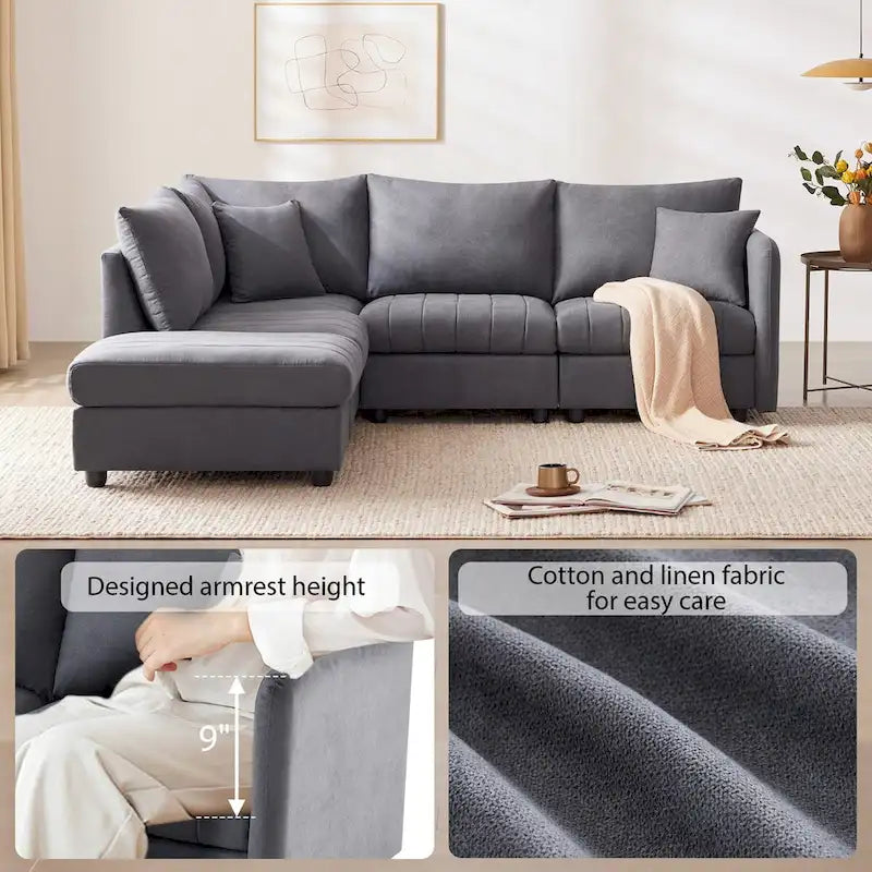 Modern 5-Seat L-Shape Sectional Sofa with Vertical Stripes, 2 Pillows, Convertible Ottoman