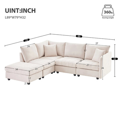 Modern 5-Seat L-Shape Sectional Sofa with Vertical Stripes, 2 Pillows, Convertible Ottoman