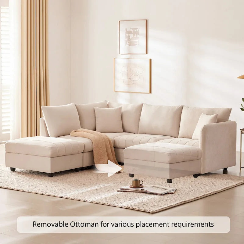 Modern 5-Seat L-Shape Sectional Sofa with Vertical Stripes, 2 Pillows, Convertible Ottoman