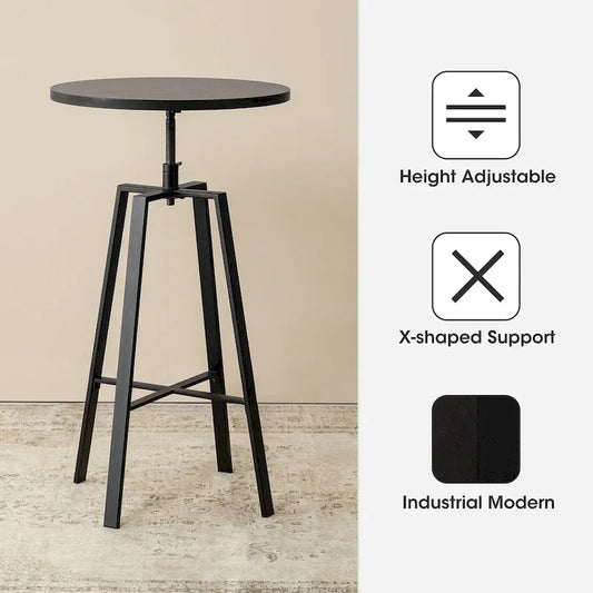 Glitzhome Industrial Wood Top Adjustable Swivel Round Pub Bar Table