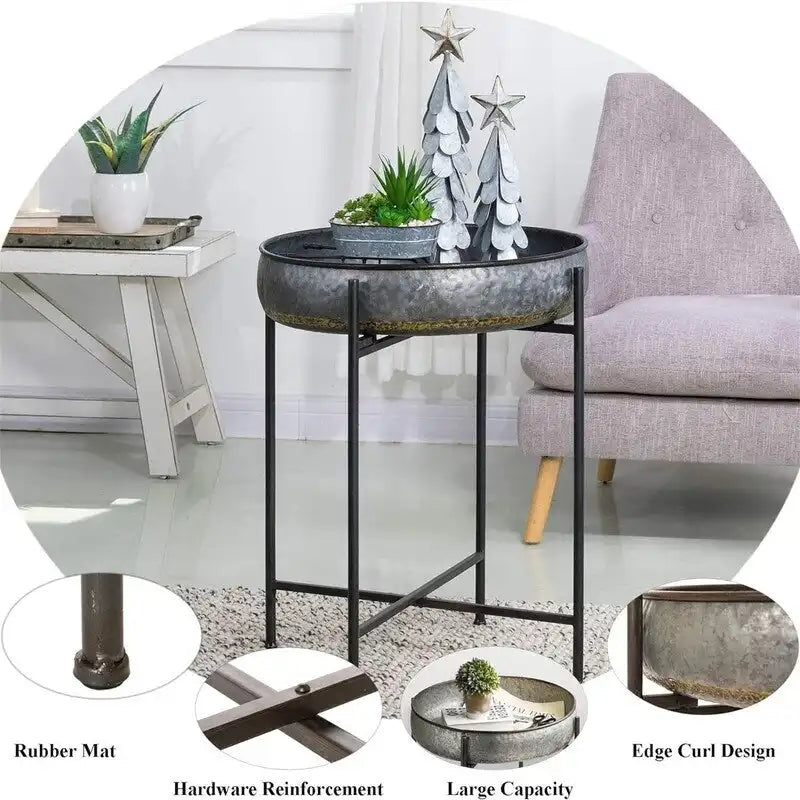 Folding Galvanized Side Table Waterproof Coffee Table - 22.44D x 22.44W x 25.79H