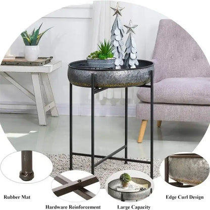 Folding Galvanized Side Table Waterproof Coffee Table - 22.44D x 22.44W x 25.79H