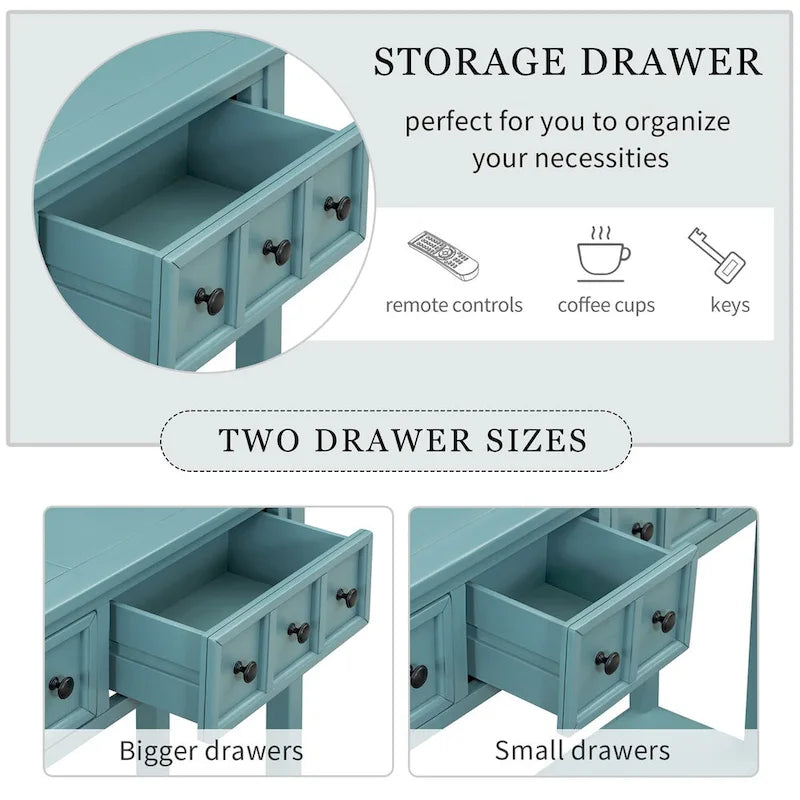 Turquoise Green Rustic 60 Pine Wood Console Table with 4 Drawers, Bottom Shelf, and Distressed Finish for Entryway