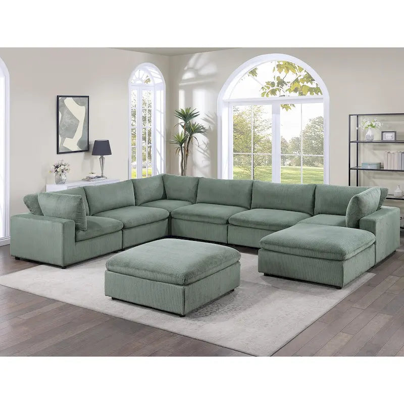 8 Piece Corduroy Upholstered Modular Sectional Sofa with Ottoman