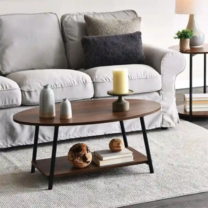 Oval Rustic Coffee Table with Storage Shelf - 23.43D x 39.37W x 16.54H