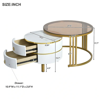 Stackable Coffee Table,Nesting Tables with Brown Tempered Glass,2 PCS