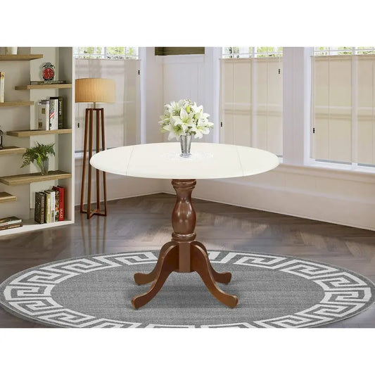 East West Furniture Dublin Dining Room Table - a Round kitchen Table Top with Dropleaf & Pedestal Base, Linen White & Mahogany