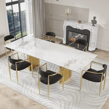 94.48 Inch Modern Minimalist 9 - Piece Extendable Sintered Stone Top Double Pedestal Dining Set