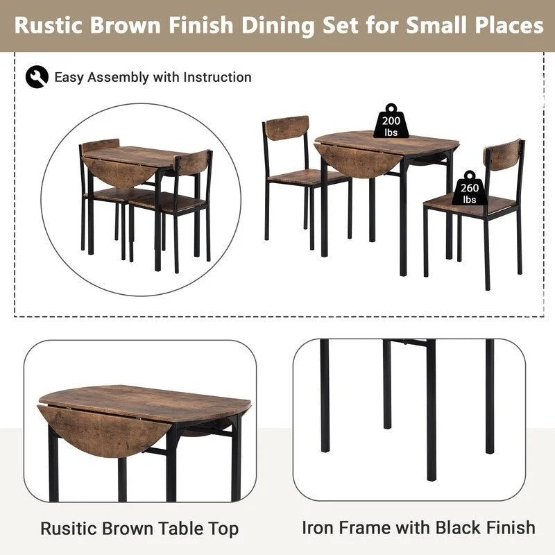 3 Piece Drop Leaf Dining Table Set, Modern Counter Height Round Dining Set with 2 Chairs, Wood Small Kitchen Table Set