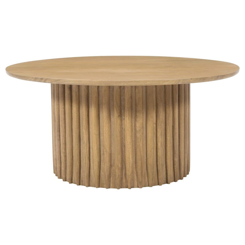 Sejo Coffee Table, 34 Inch Round Top with Fluted Base in Natural Brown Mango Wood