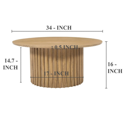 Sejo Coffee Table, 34 Inch Round Top with Fluted Base in Natural Brown Mango Wood