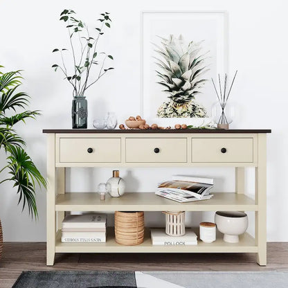 Retro Design Console Table with Two Open Shelves, Pine Solid Wood Frame and Legs for Living Room