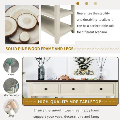Retro Design Console Table with Two Open Shelves, Pine Solid Wood Frame and Legs for Living Room