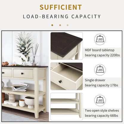 Retro Design Console Table with Two Open Shelves, Pine Solid Wood Frame and Legs for Living Room