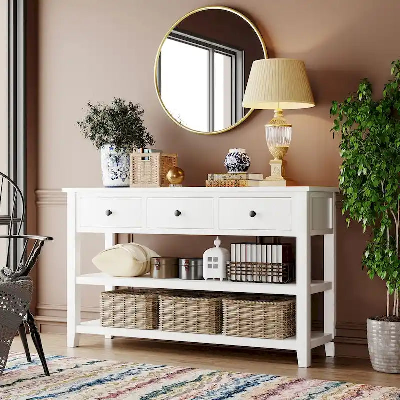 Retro Design Console Table with Two Open Shelves, Pine Solid Wood Frame and Legs for Living Room