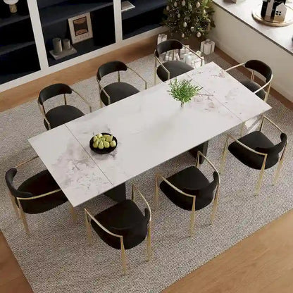 9 - Piece 94.48 Modern Minimalist Extendable Sintered Stone Top Double Pedestal Dining Set With 8 Fabric Chairs