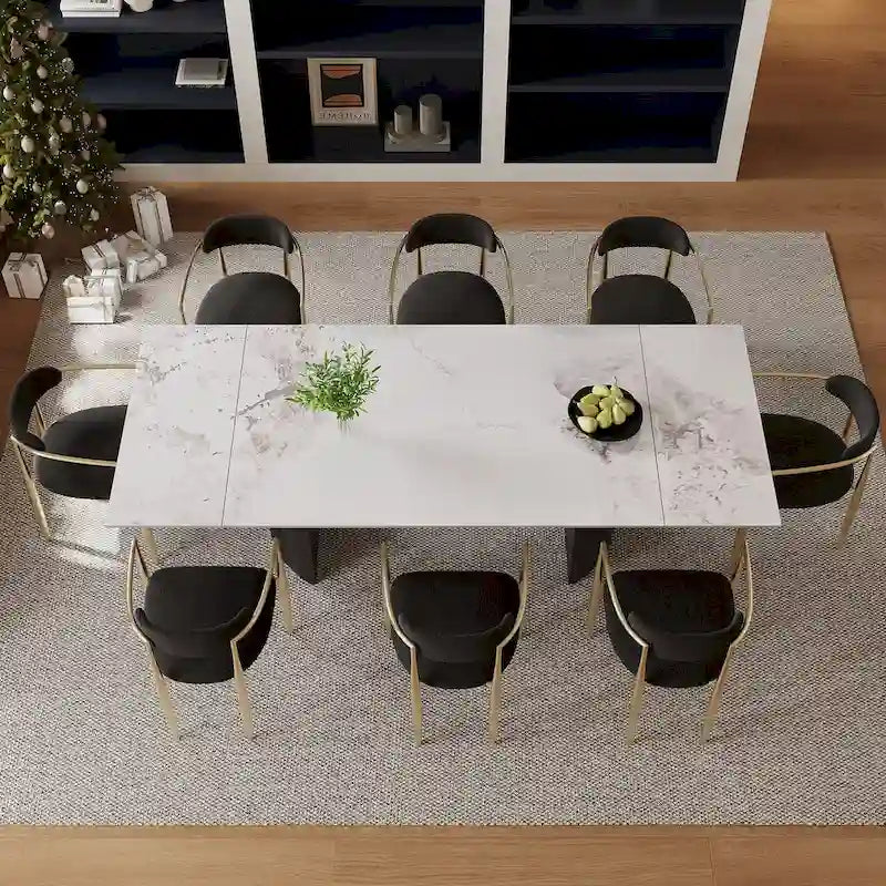 9 - Piece 94.48 Modern Minimalist Extendable Sintered Stone Top Double Pedestal Dining Set With 8 Fabric Chairs