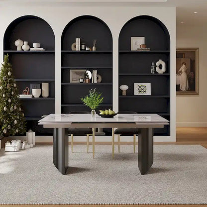 9 - Piece 94.48 Modern Minimalist Extendable Sintered Stone Top Double Pedestal Dining Set With 8 Fabric Chairs