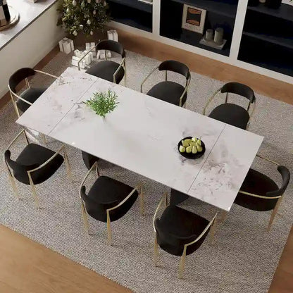 9 - Piece 94.48 Modern Minimalist Extendable Sintered Stone Top Double Pedestal Dining Set With 8 Fabric Chairs