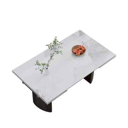 9 - Piece 94.48 Modern Minimalist Extendable Sintered Stone Top Double Pedestal Dining Set With 8 Fabric Chairs