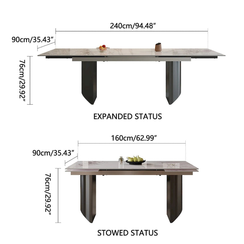 9 - Piece 94.48 Modern Minimalist Extendable Sintered Stone Top Double Pedestal Dining Set With 8 Fabric Chairs