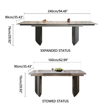 9 - Piece 94.48 Modern Minimalist Extendable Sintered Stone Top Double Pedestal Dining Set With 8 Fabric Chairs