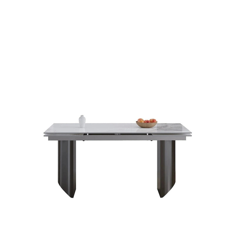 9 - Piece 94.48 Modern Minimalist Extendable Sintered Stone Top Double Pedestal Dining Set With 8 Fabric Chairs