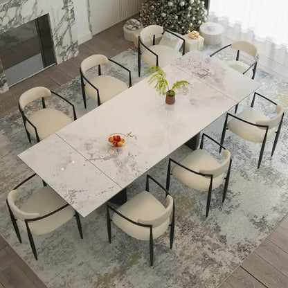 9 - Piece 94.48 Modern Minimalist Extendable Sintered Stone Top Double Pedestal Dining Set With 8 Fabric Chairs