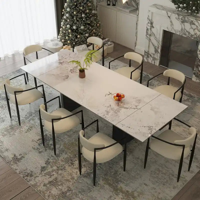 9 - Piece 94.48 Modern Minimalist Extendable Sintered Stone Top Double Pedestal Dining Set With 8 Fabric Chairs