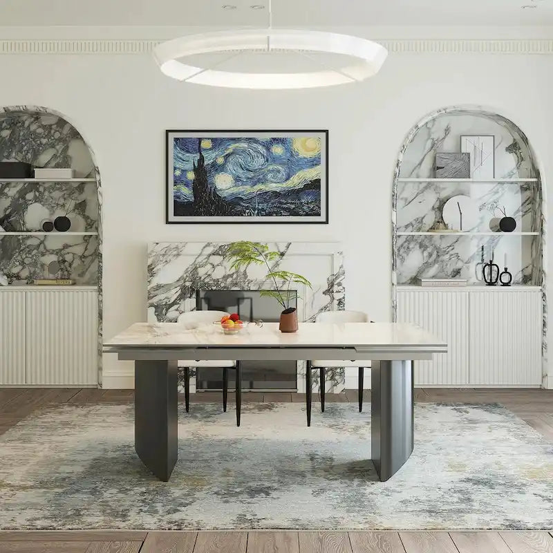 9 - Piece 94.48 Modern Minimalist Extendable Sintered Stone Top Double Pedestal Dining Set With 8 Fabric Chairs