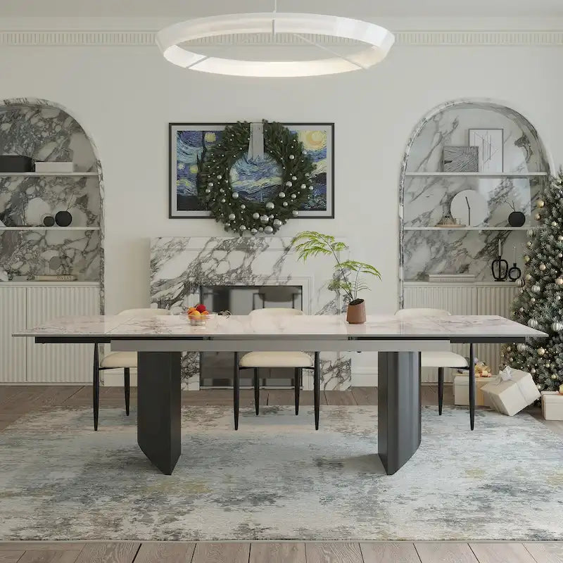 9 - Piece 94.48 Modern Minimalist Extendable Sintered Stone Top Double Pedestal Dining Set With 8 Fabric Chairs