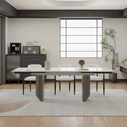 9 - Piece 94.48 Modern Minimalist Extendable Sintered Stone Top Double Pedestal Dining Set With 8 Fabric Chairs