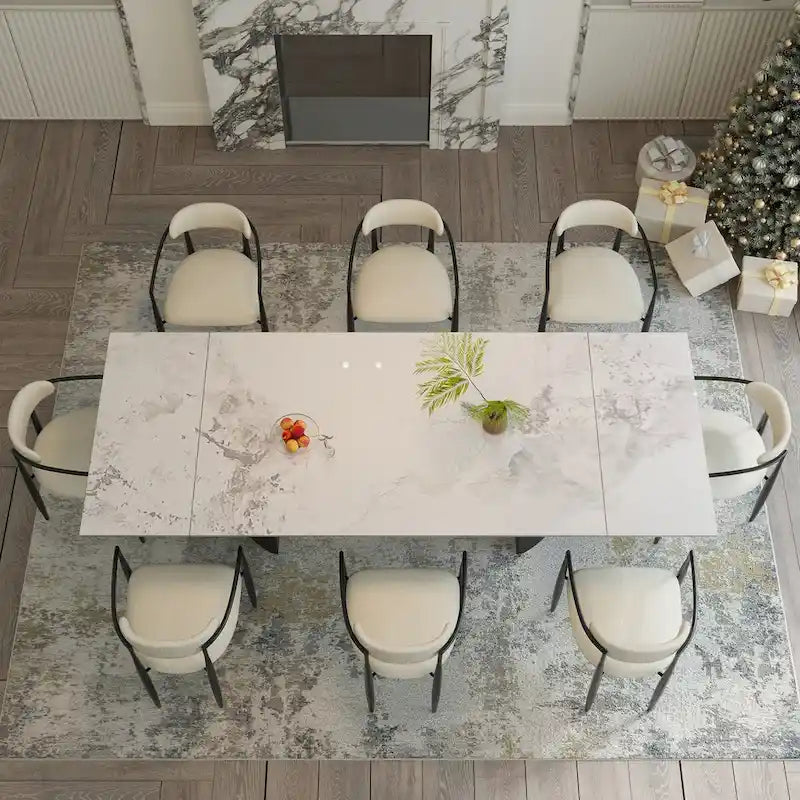 9 - Piece 94.48 Modern Minimalist Extendable Sintered Stone Top Double Pedestal Dining Set With 8 Fabric Chairs