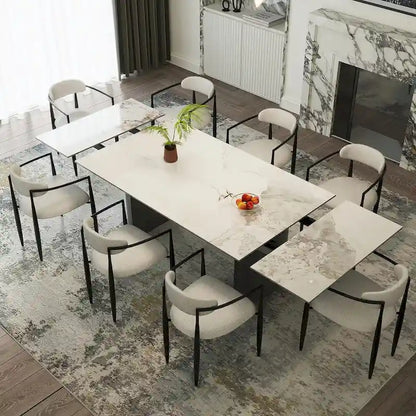 9 - Piece 94.48 Modern Minimalist Extendable Sintered Stone Top Double Pedestal Dining Set With 8 Fabric Chairs