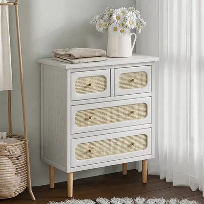 COZAYH Wicker Rattan Chest of Drawers, 4-Drawer Dresser, White Finish Wooden Storage Cabinet, Boho Mid-Century Coastal Sideboard
