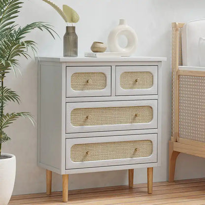 COZAYH Wicker Rattan Chest of Drawers, 4-Drawer Dresser, White Finish Wooden Storage Cabinet, Boho Mid-Century Coastal Sideboard