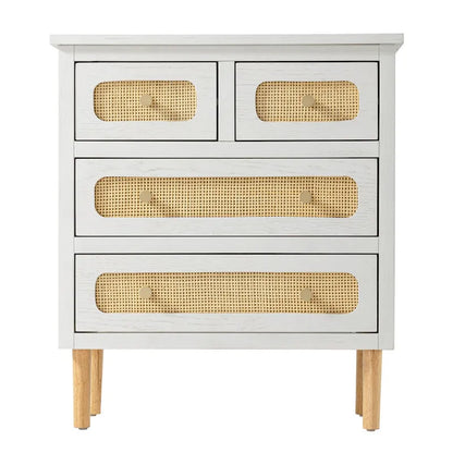 COZAYH Wicker Rattan Chest of Drawers, 4-Drawer Dresser, White Finish Wooden Storage Cabinet, Boho Mid-Century Coastal Sideboard