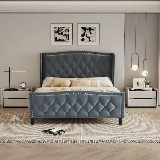 Queen Size Bed Frame,Upholstered Platform Bed with Wingback Headboard,Velvet Bed Frame,Wood Slat Support,No Box Spring Needed