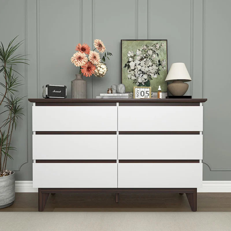 6-Drawer Double Dresser with Wide Drawers,White Dresser for Bedroom, Wood Storage Chest of Drawers for Living Room Hallway