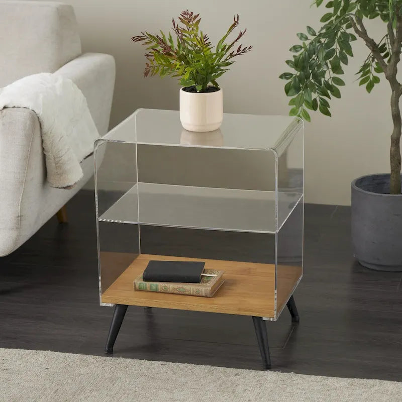 Acrylic Plastic 1 Shelf Side End Accent Table with Wood Base and Black Legs - Clear - Roche River Decor